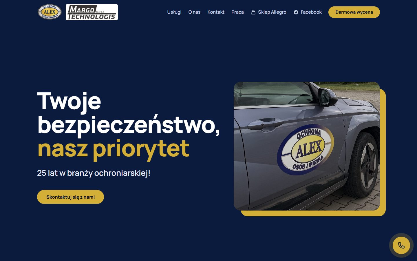 Strona alexochrona.pl: hasło „Twoje bezpieczeństwo, nasz priorytet” i zdjęcie radiowozu